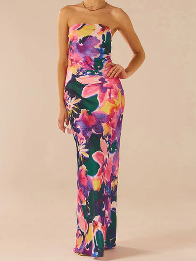 Floriane - Chic Floral Print Off Shoulder Maxi Dress