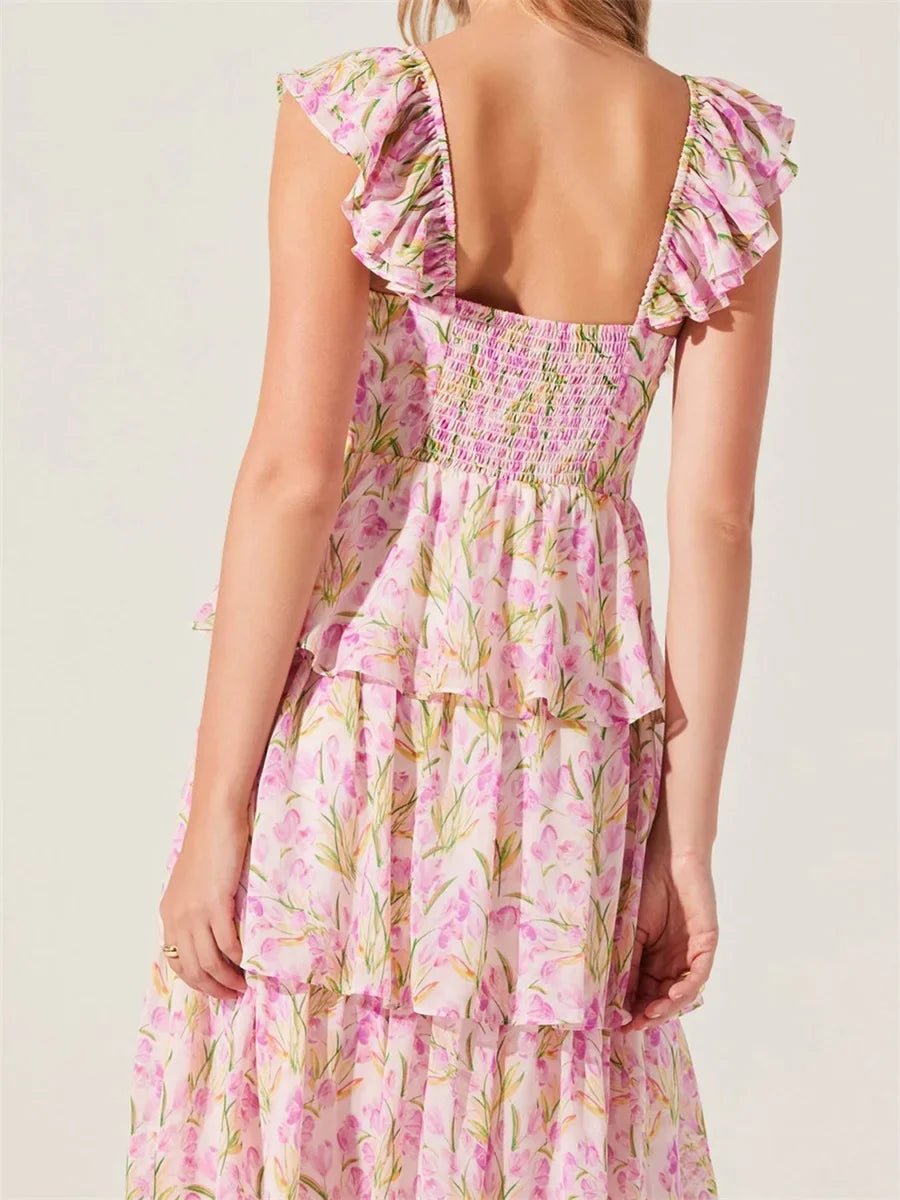 Toshima - Elegant  Multi-Layered Ruffles Split Maxi Dress