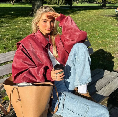 Faye - Oversized Red Leather Jacket