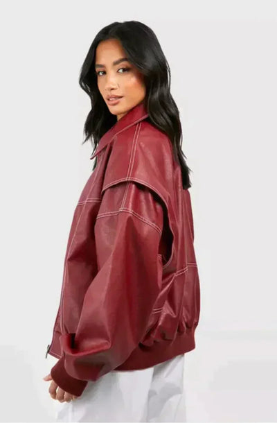 Faye - Oversized Red Leather Jacket