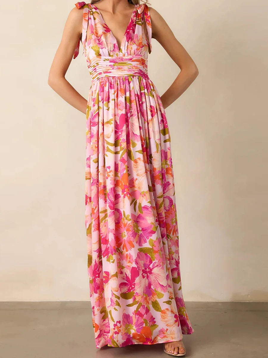 Daena - Stylish Strappy V-Neck Floral Print Maxi Dress