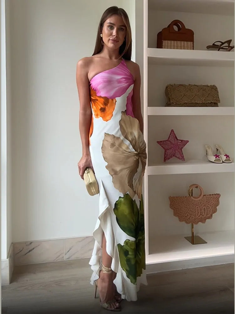 Joena - Elegant Floral One Shoulder Maxi Dress