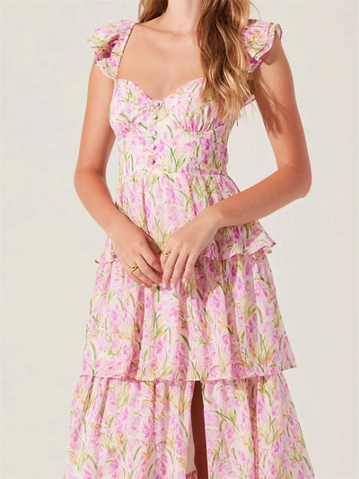 Toshima - Elegant  Multi-Layered Ruffles Split Maxi Dress