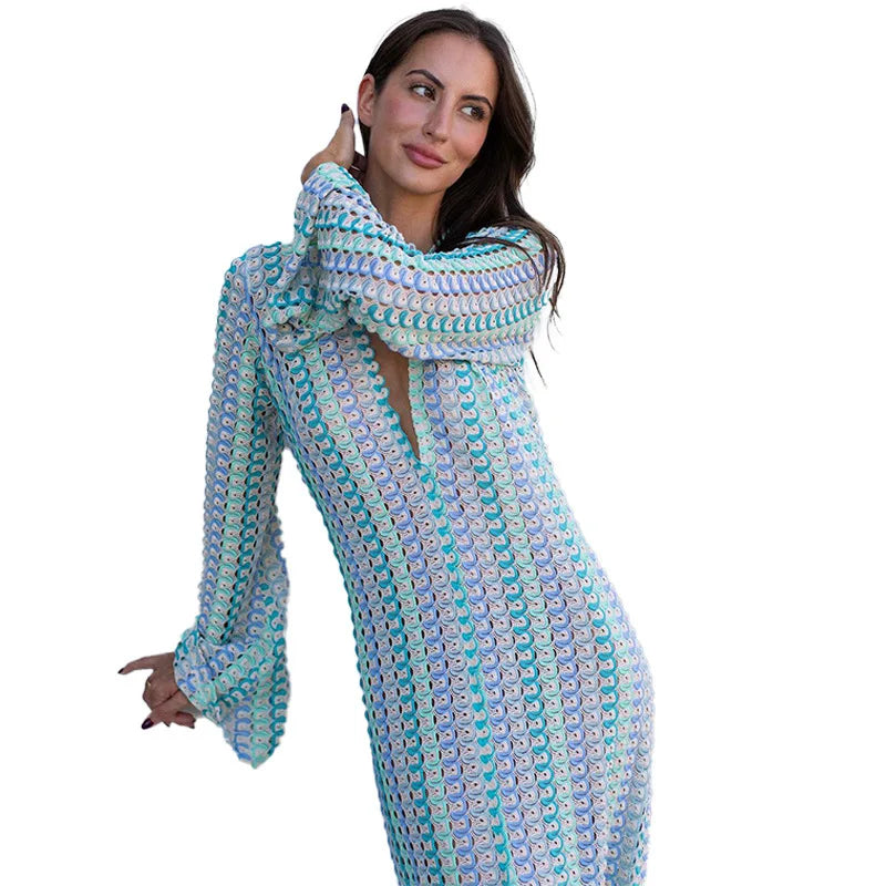 Kyline - StylishV-Neck Flare Sleeve Maxi Dress