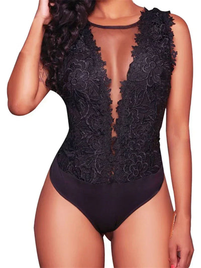 Sexy Lace Floral Bodysuit - Sleeveless Bodycon Jumpsuit For Party & Club