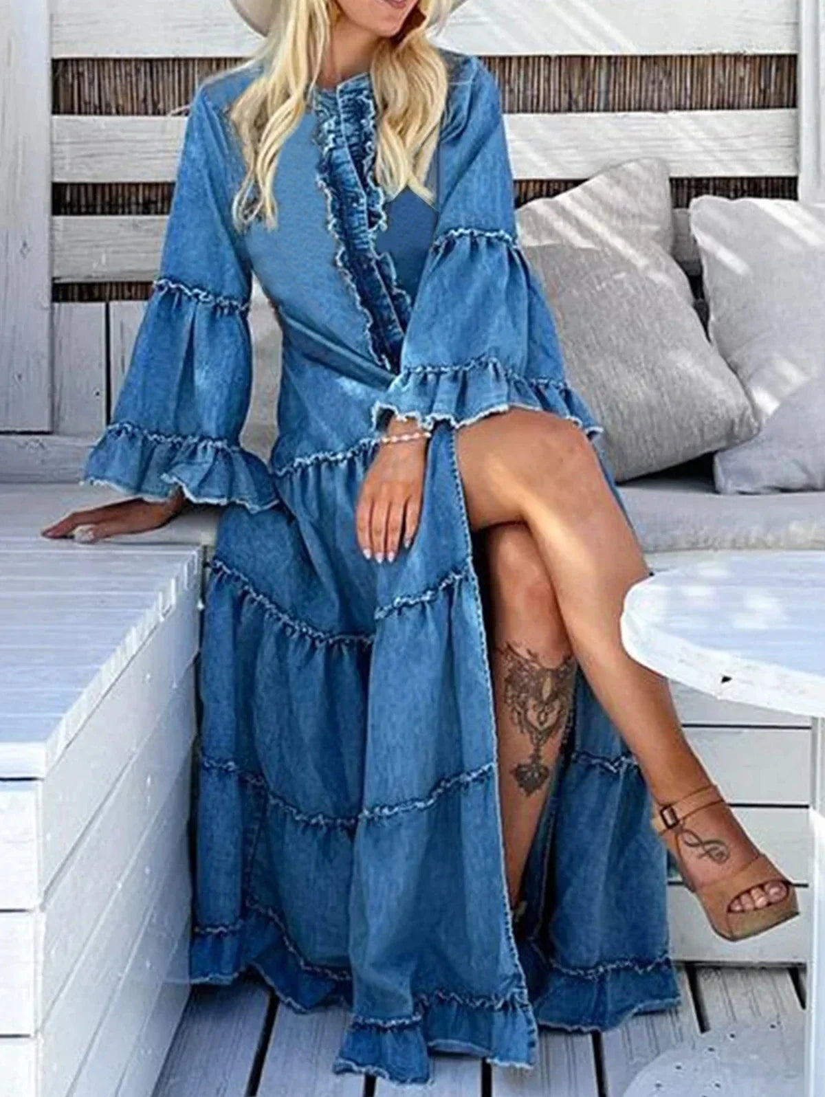 Avaline - Elegant Denim Maxi Dress