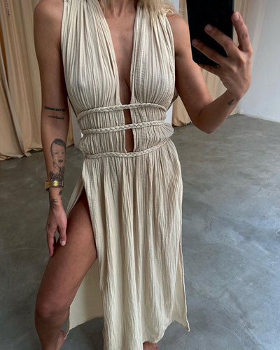 Ailani - Chic Lace Up Braided Slit Maxi Dress