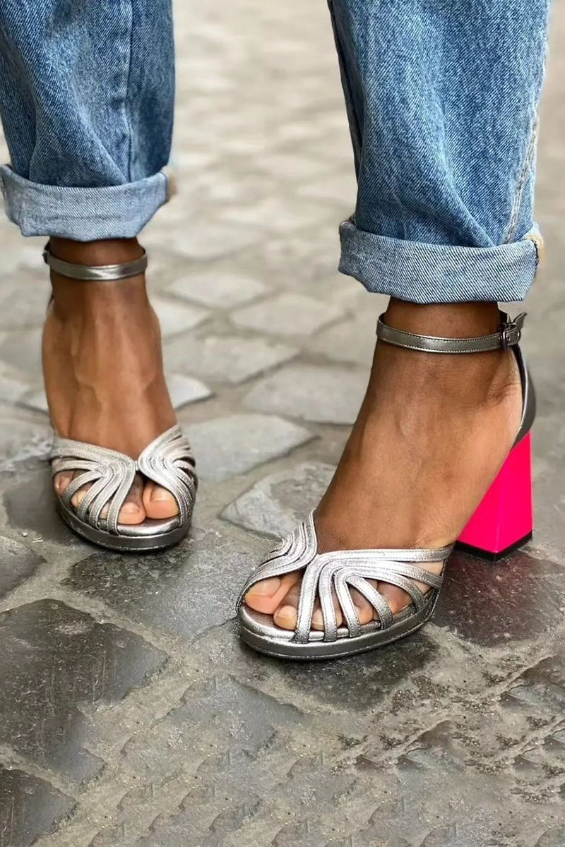 Naelle™ – Glossy Sandals with Block Heel and Elegant Buckle