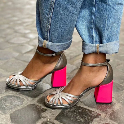 Naelle™ – Glossy Sandals with Block Heel and Elegant Buckle