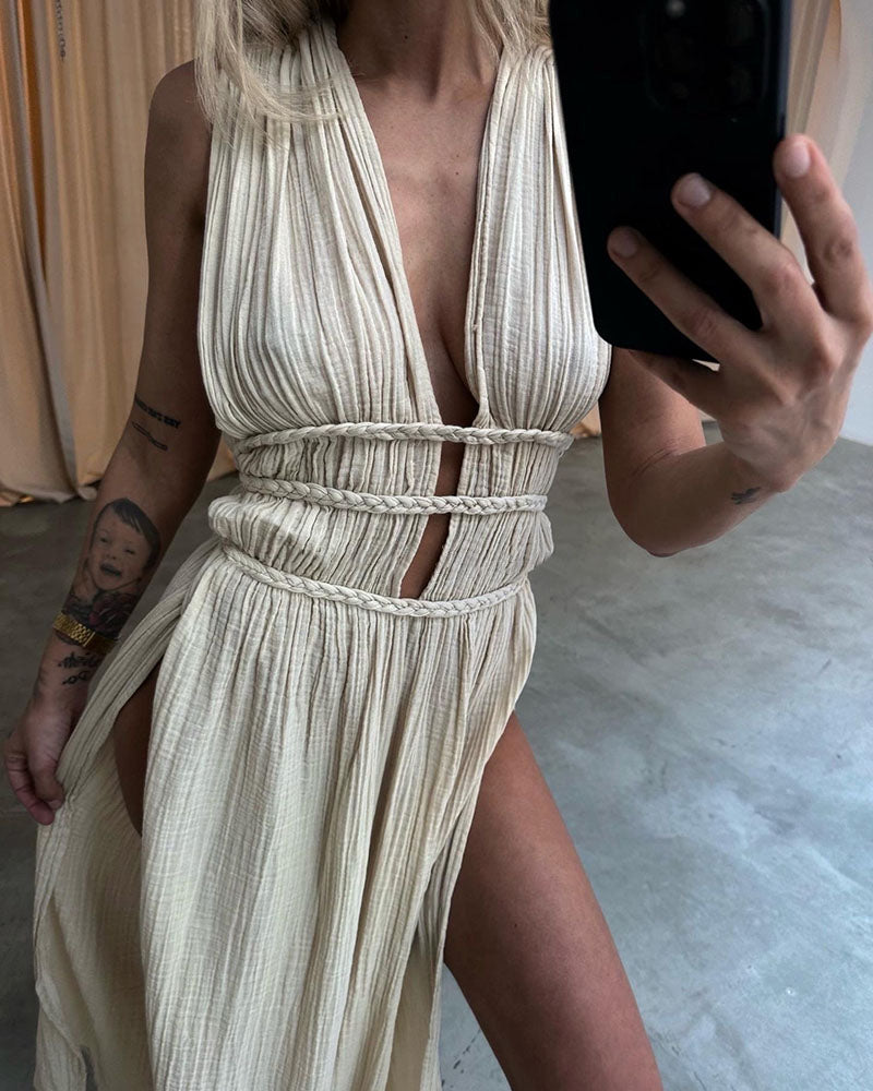 Ailani - Chic Lace Up Braided Slit Maxi Dress