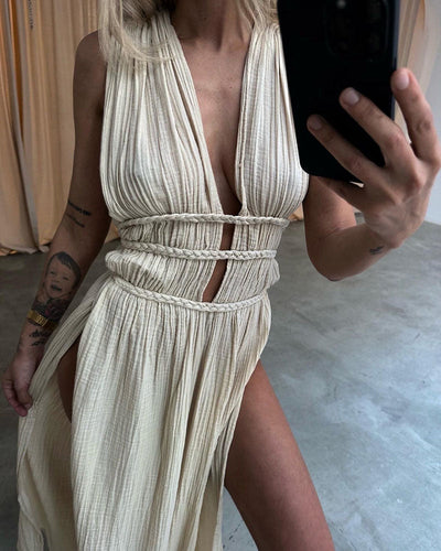 Ailani - Chic Lace Up Braided Slit Maxi Dress