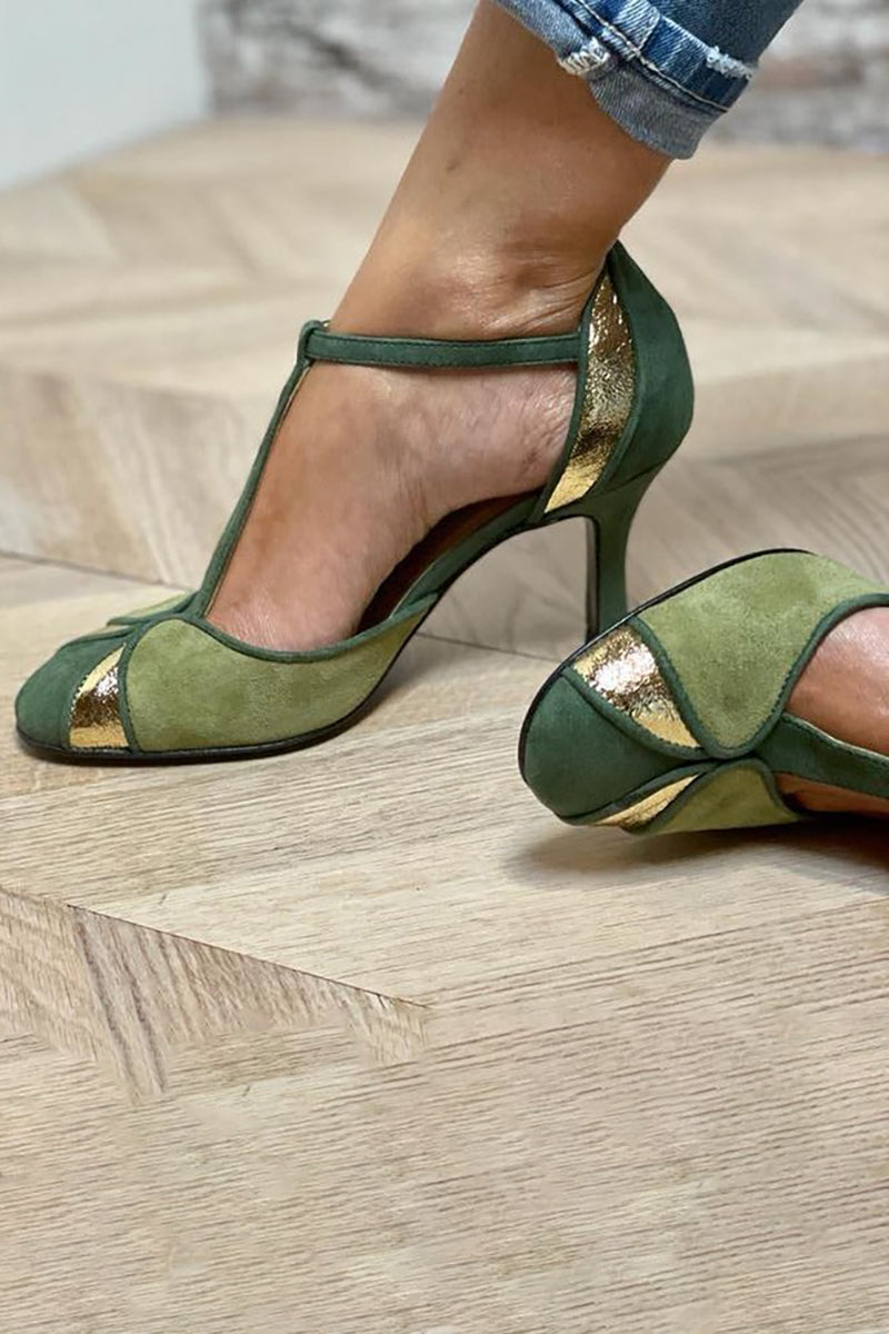 Alona™ – Patchwork T-Strap Heels with Closed Toe