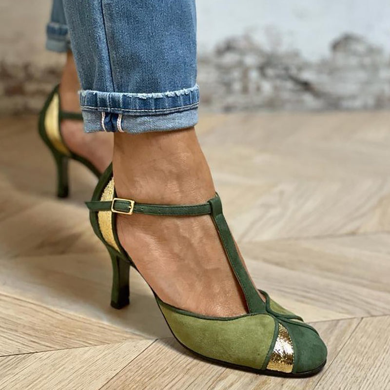 Alona™ – Patchwork T-Strap Heels with Closed Toe