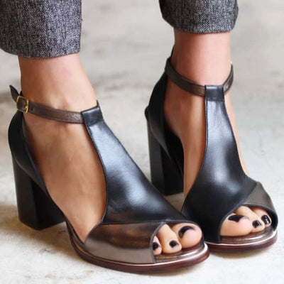 Anyao™ – Black Patchwork Heeled Sandals with Open Toe