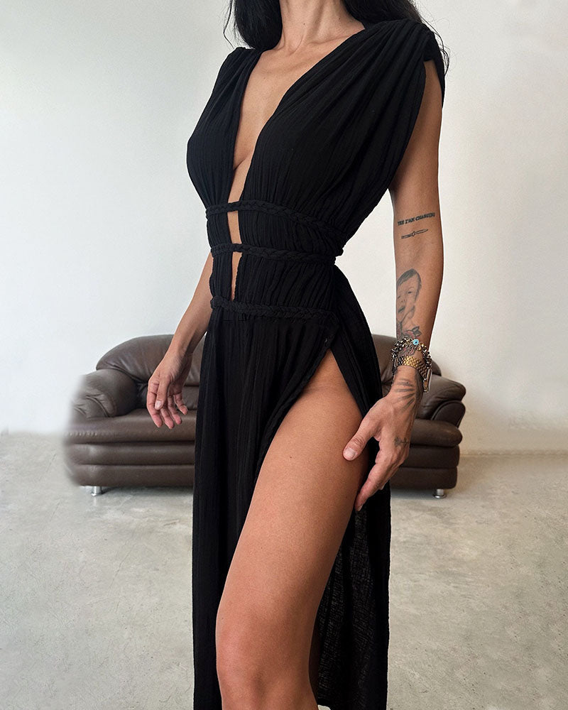 Ailani - Chic Lace Up Braided Slit Maxi Dress