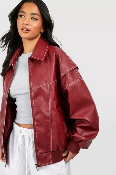 Faye - Oversized Red Leather Jacket