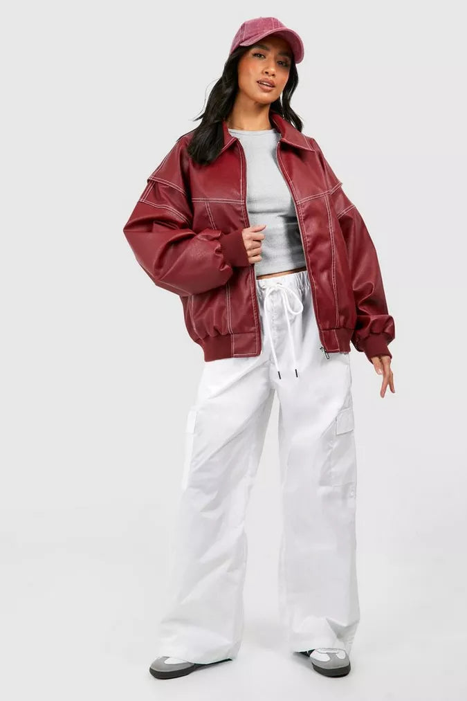 Faye - Oversized Red Leather Jacket