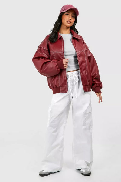 Faye - Oversized Red Leather Jacket