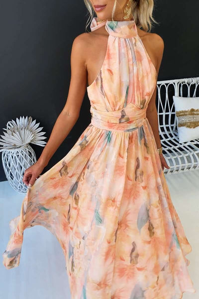 Luchi - Elegant Halter Neck Floral Print Maxi Dress
