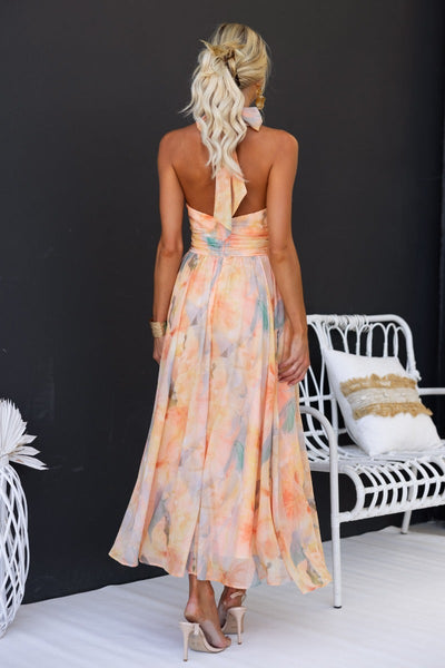 Luchi - Elegant Halter Neck Floral Print Maxi Dress