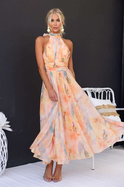 Luchi - Elegant Halter Neck Floral Print Maxi Dress