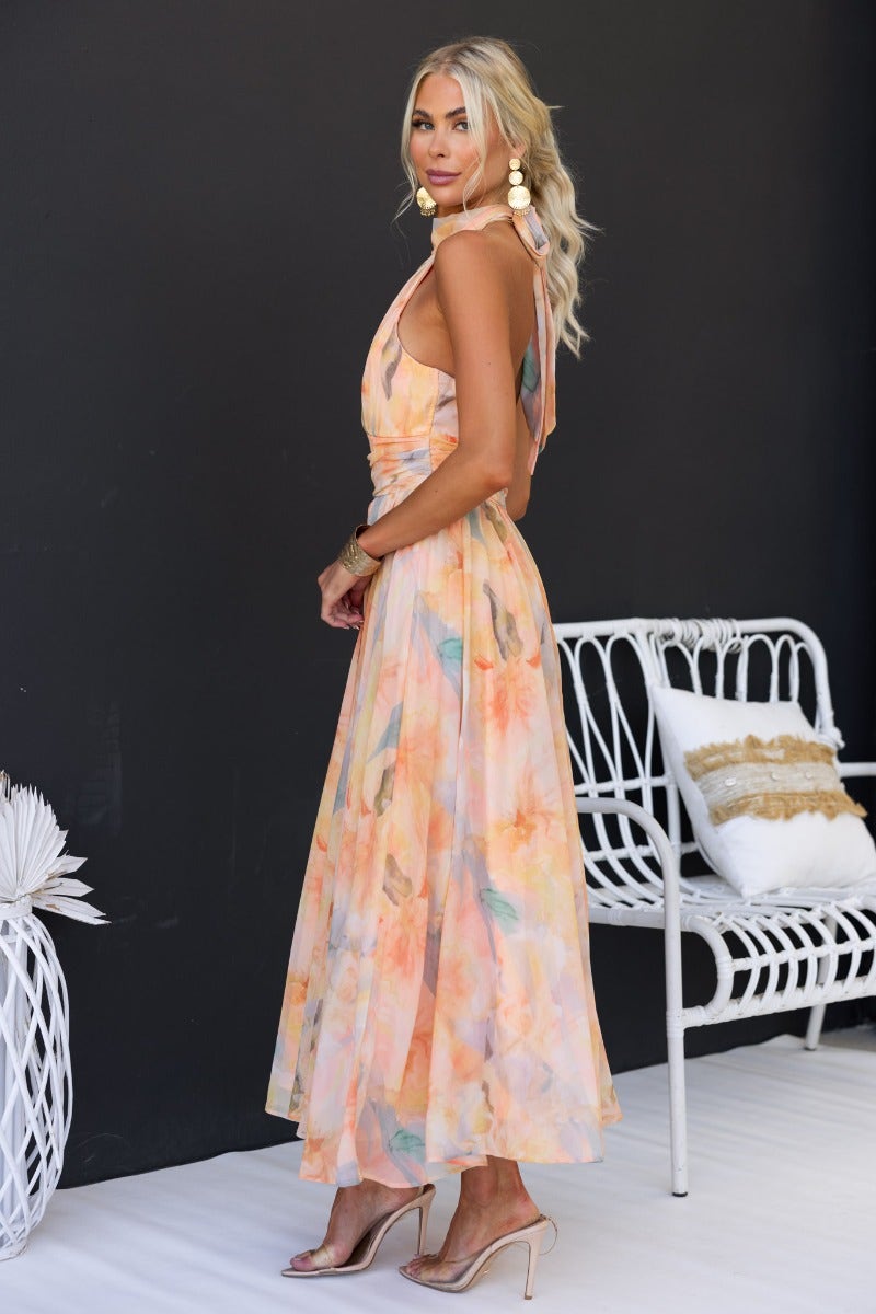 Luchi - Elegant Halter Neck Floral Print Maxi Dress