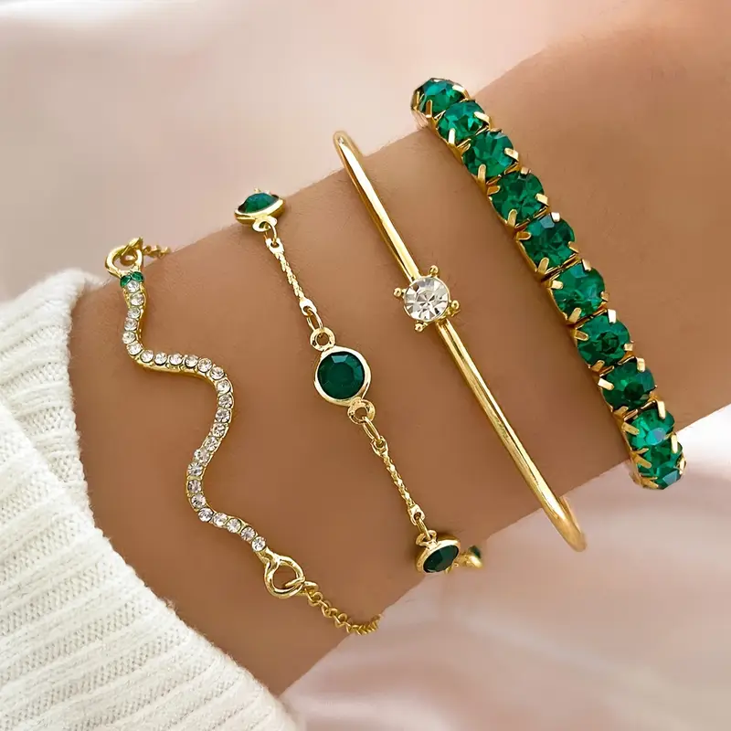 Elegant Set of Green Vintage Bracelets Adorned with Crystals