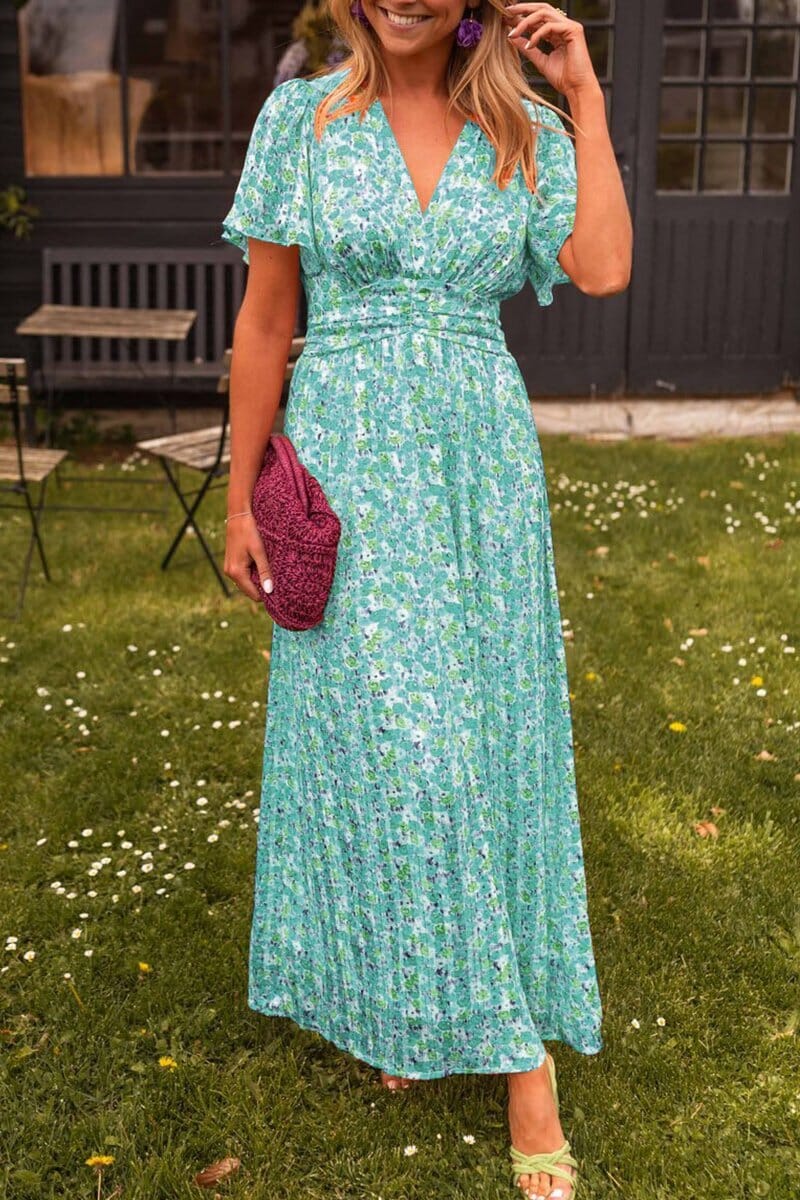Virgie - Trendy Floral Short Sleeve V-Neck Maxi Dress
