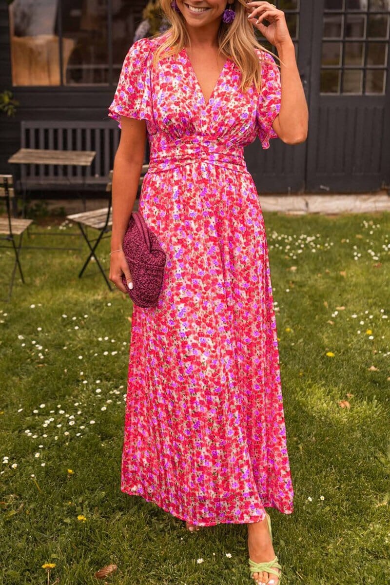 Virgie - Trendy Floral Short Sleeve V-Neck Maxi Dress