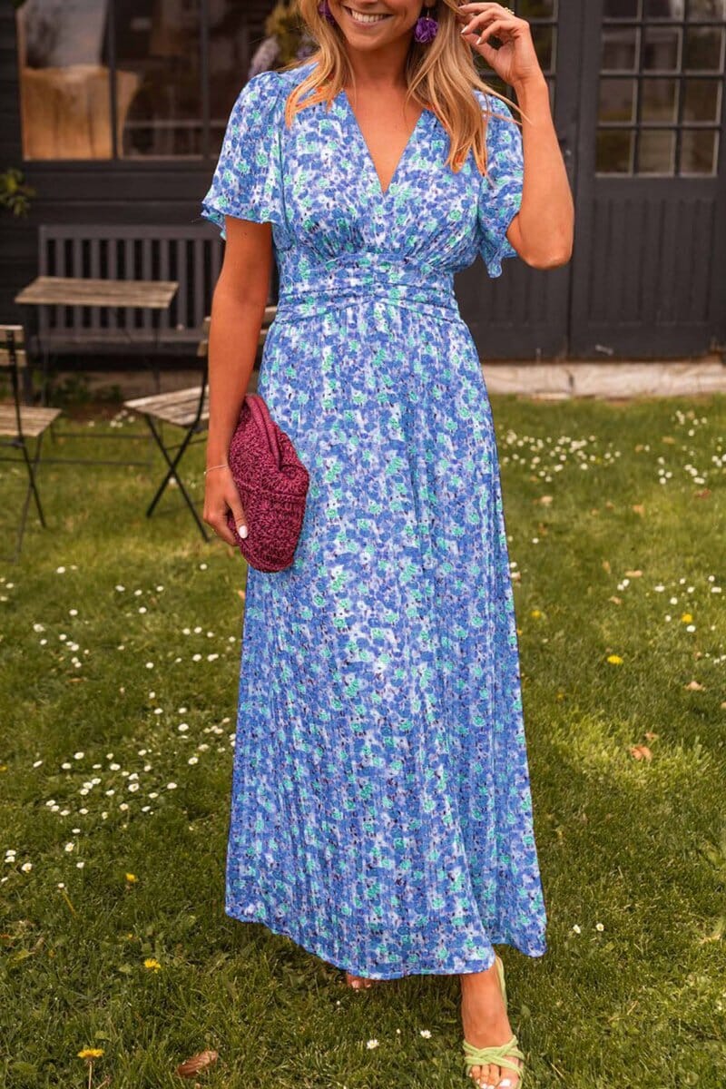 Virgie - Trendy Floral Short Sleeve V-Neck Maxi Dress