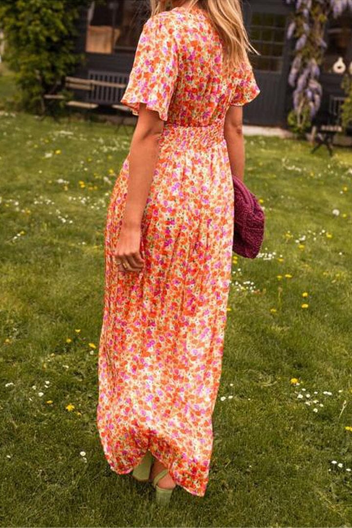 Virgie - Trendy Floral Short Sleeve V-Neck Maxi Dress