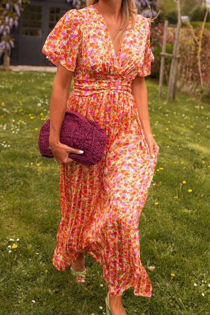 Virgie - Trendy Floral Short Sleeve V-Neck Maxi Dress
