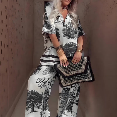 Printed Top with V-Neck + Long Trousers – Elegant and Lightweight Style for Summer